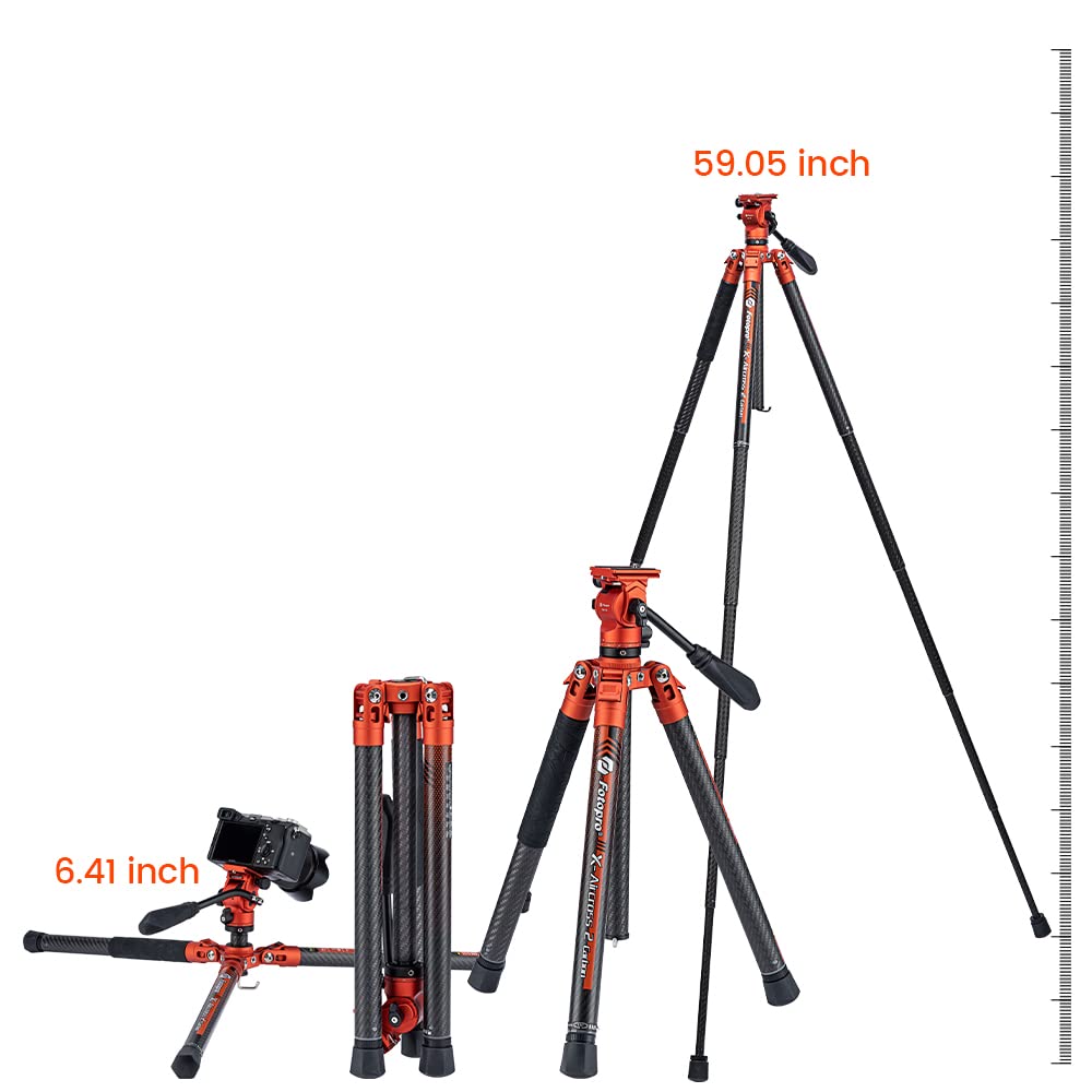 Fotopro Video Travel Tripod 60'' Lightweight 2.18lbs Carbon Fiber Camera Tripod with Quick Release 1/4" Screw Video Head for DSLR Camera Projector Maxload 22lbs Orange - Fotopro AMZ