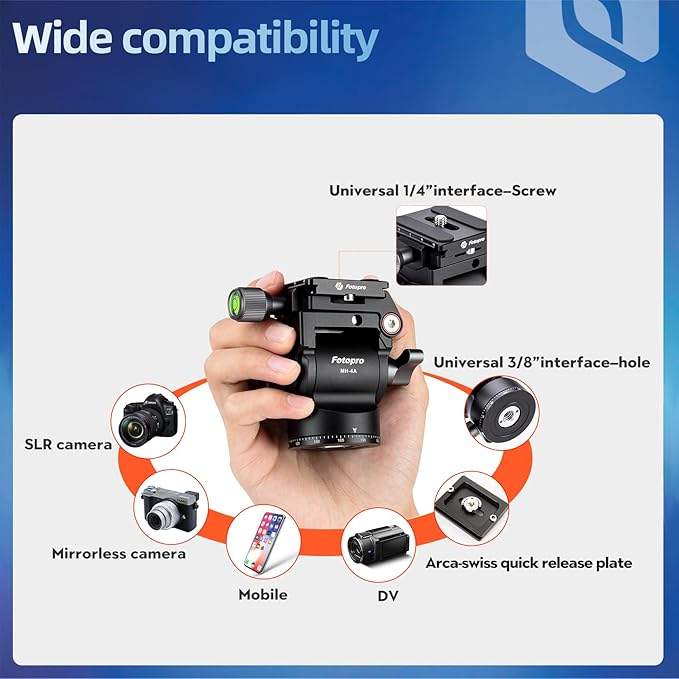 Fotopro Video Tripod Head Compact Metal Pan Tilt Fluid Head with Arca Type QR Plate for Camcorder DSLR Camera, Max Load 3kg 6.61Ib - Fotopro AMZ
