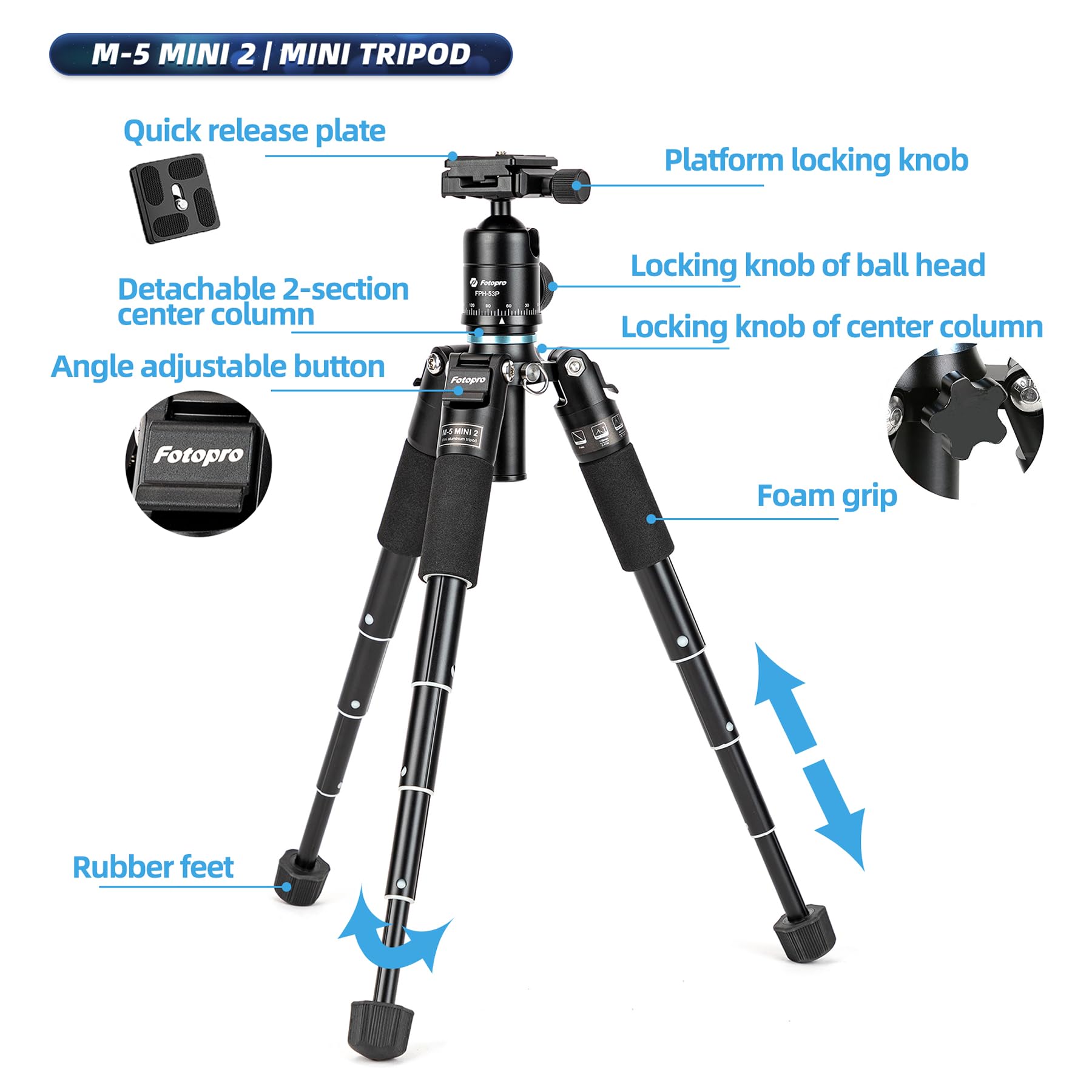 Portable Desktop Mini Tripod, 20inch, Compact for Camera. M - 5 mini - Fotopro